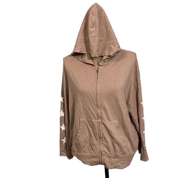Monrow Tops - Tan zippered hooded Monrow sweatshirt with stars on the sleeves. NWOT